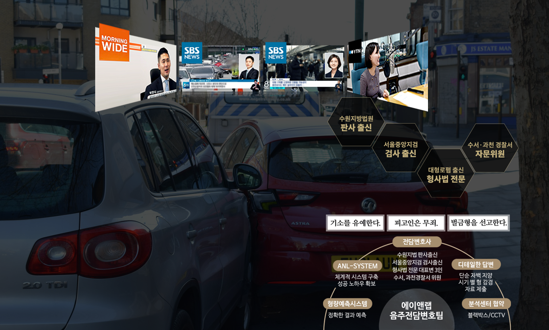 정통·엘리트 코스를 거친<br>
[판사·김앤장 경력 정지훈],[검사·태평양 경력 유선경] <br>
변호사를 필두로 한 음주교통팀이<br>
고난도, 의뢰인의 일생일대 중요한 사건에서<br>
무죄/벌금형/기소유예를 이끌어냅니다.