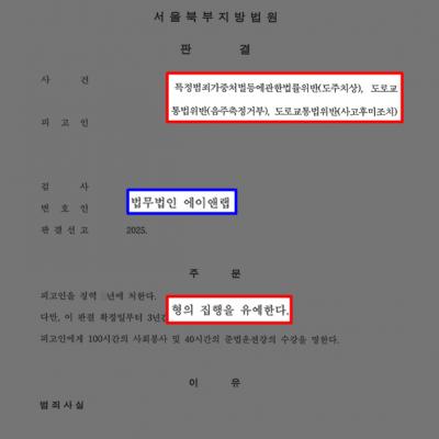 음주운전3진+도주치상+사고후미조치+측정거부 혐의 의뢰인 변호하여 집행유예 이끌어내